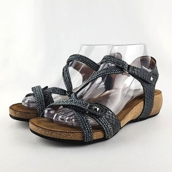 Taos Sandal Strappy Grey Leather Braided Low Cork Wedge Sole Size 7- 7.5 - Picture 4 of 16